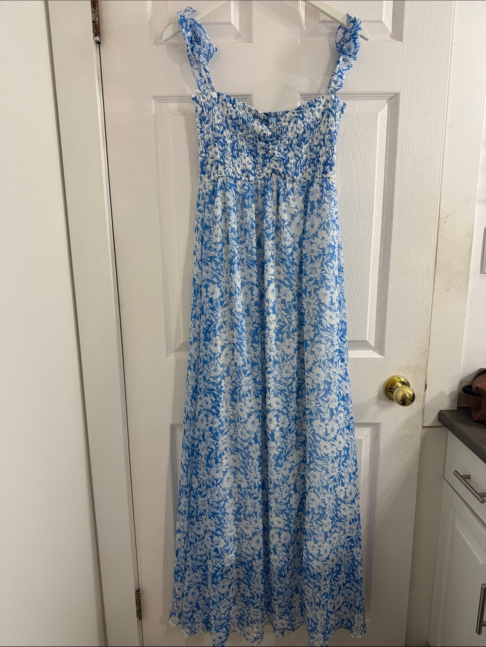 Aakaa Blue and White Floral Smocked Maxi Dress